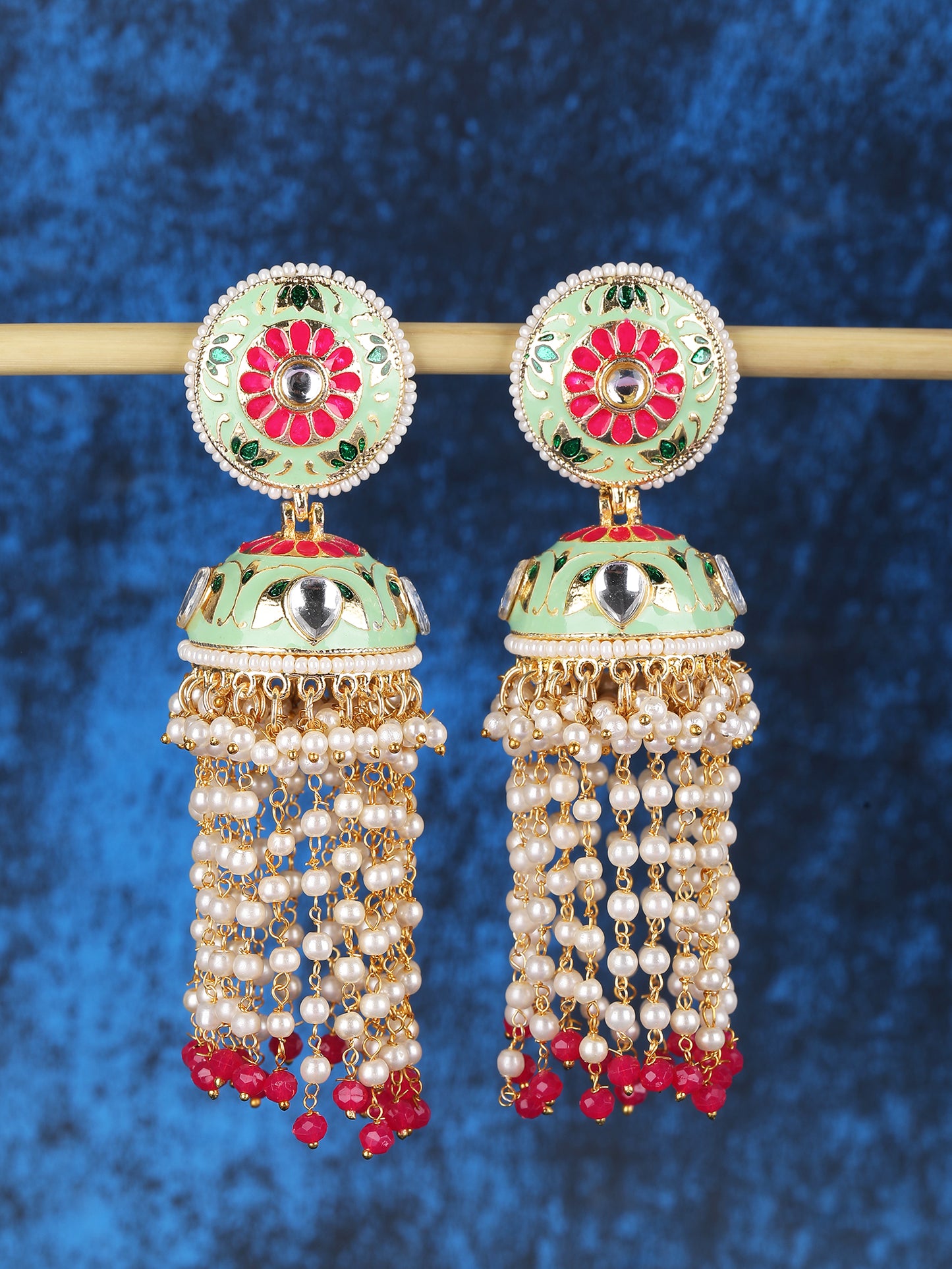 Gold-Plated Stone-Studded & Beaded Contemporary Jhumkas