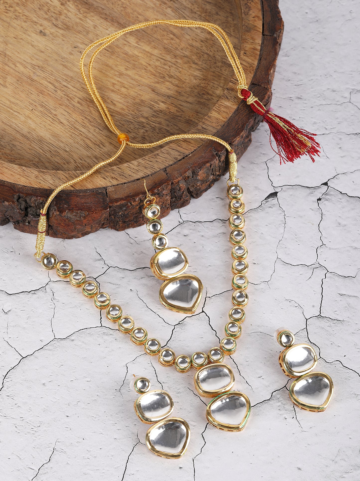 Gold-Tone Kundan Polki Necklace and Earrings Set