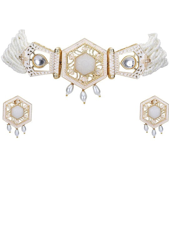Gold-Plated Kundan Choker Necklace Set with White Pearls