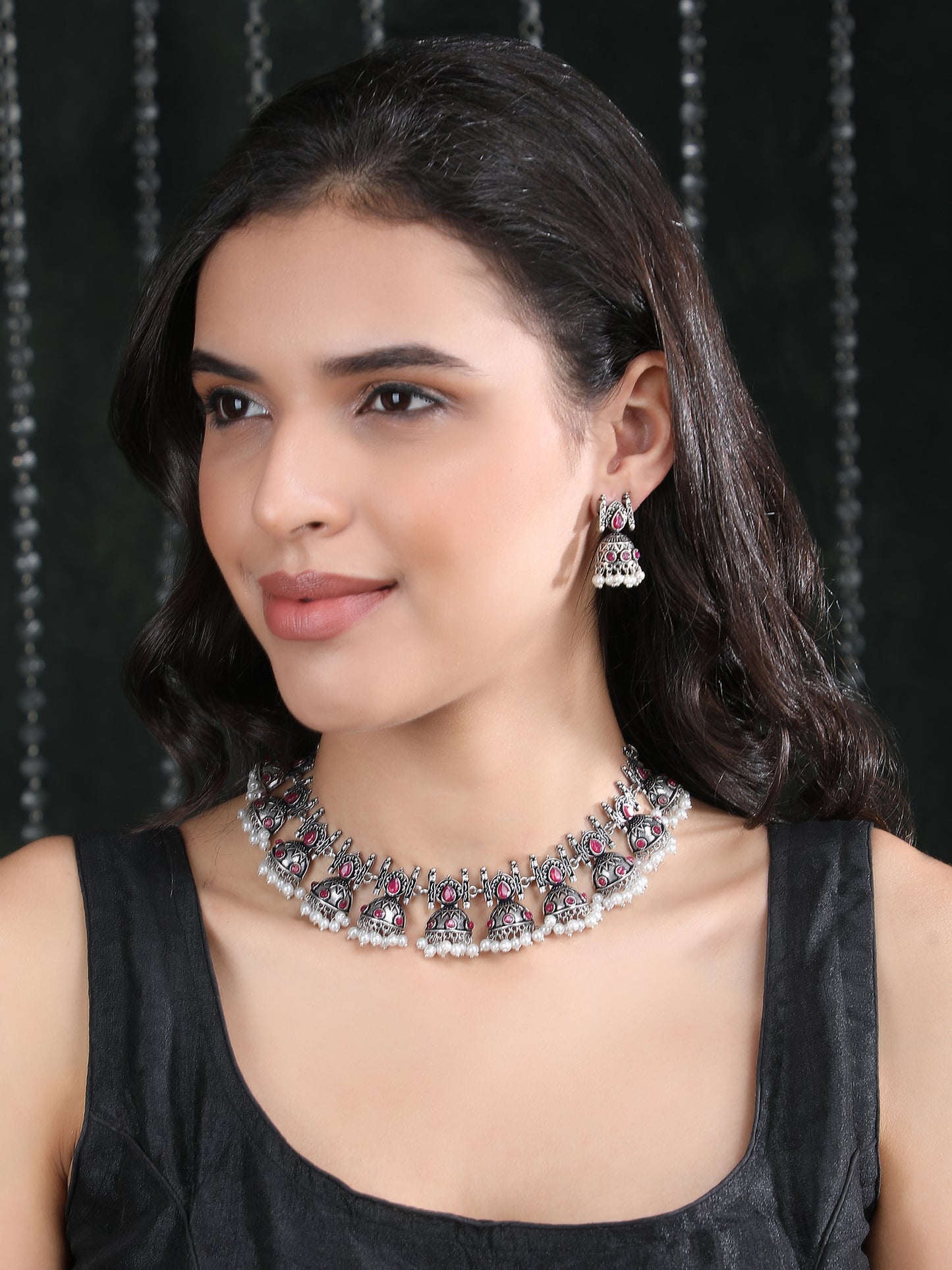 Oxidised Pink and Grey Necklace Set – Traditional Jhumka Design