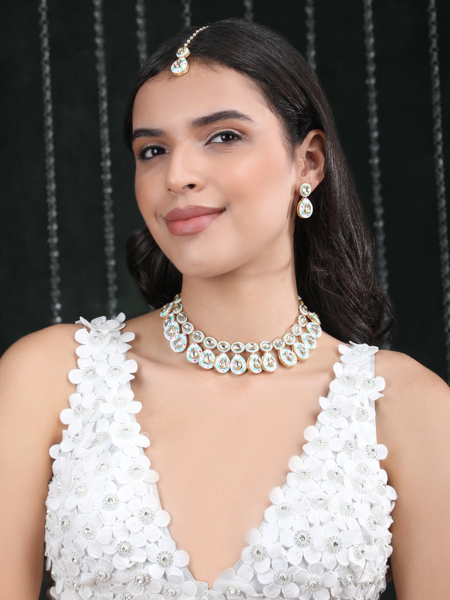 Gold-Plated Kundan Necklace Set with Enamel Detailing