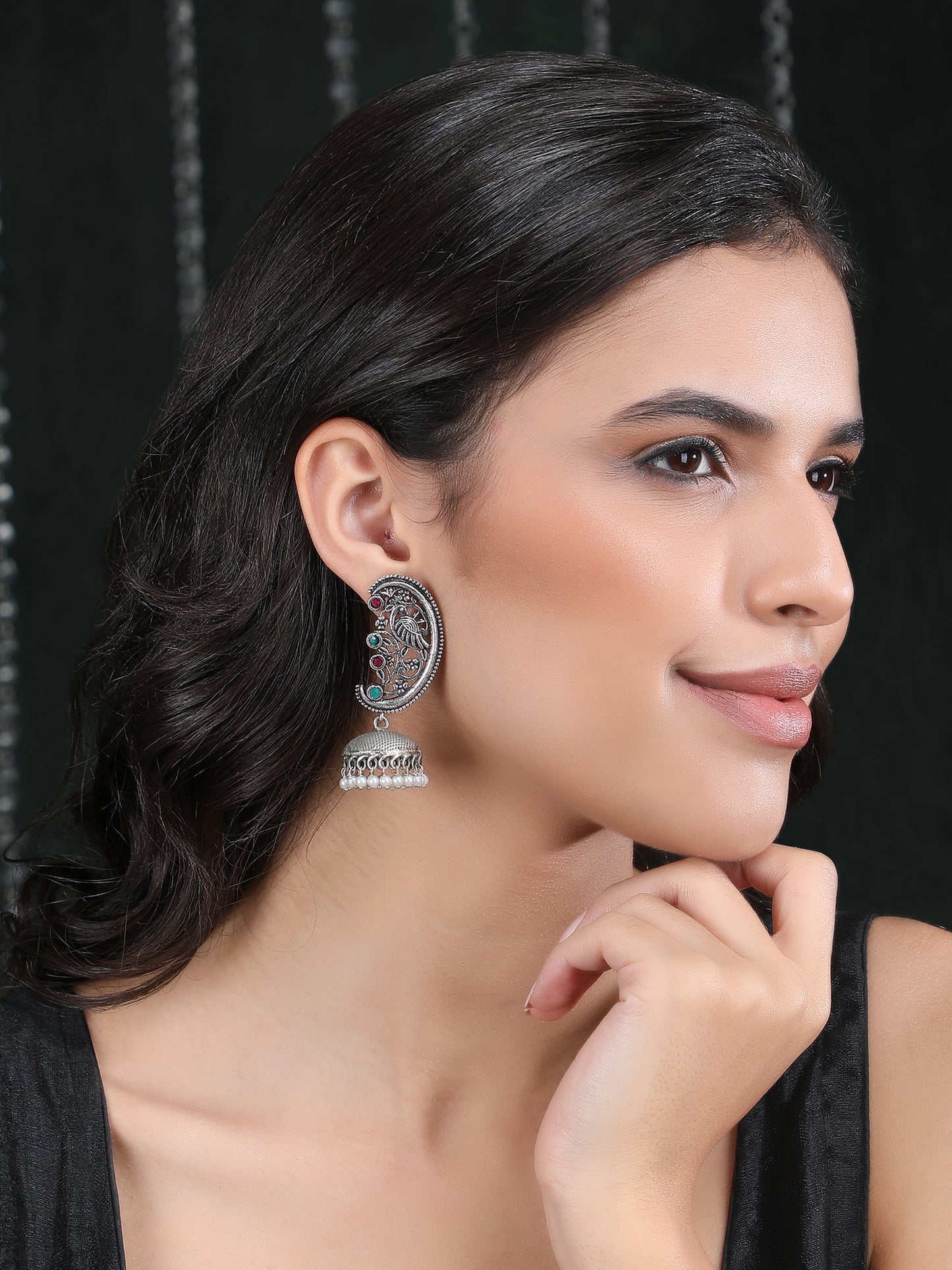 Classic Oxidized Silver Jhumka Earrings with Green & Red Stones