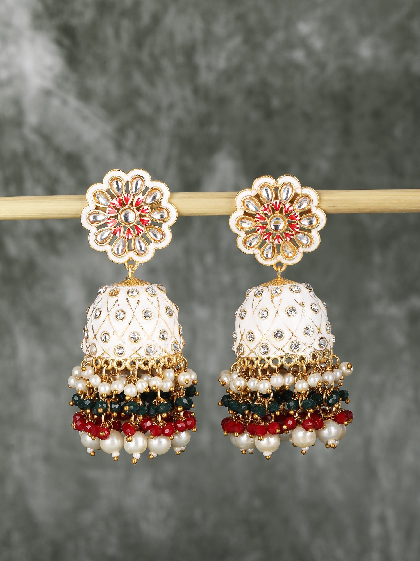Gold-Plated Kundan Studded & Beads Beaded Contemporary Jhumkas