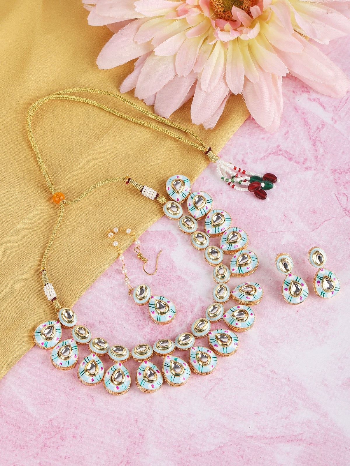 Gold-Plated Kundan Necklace Set with Enamel Detailing