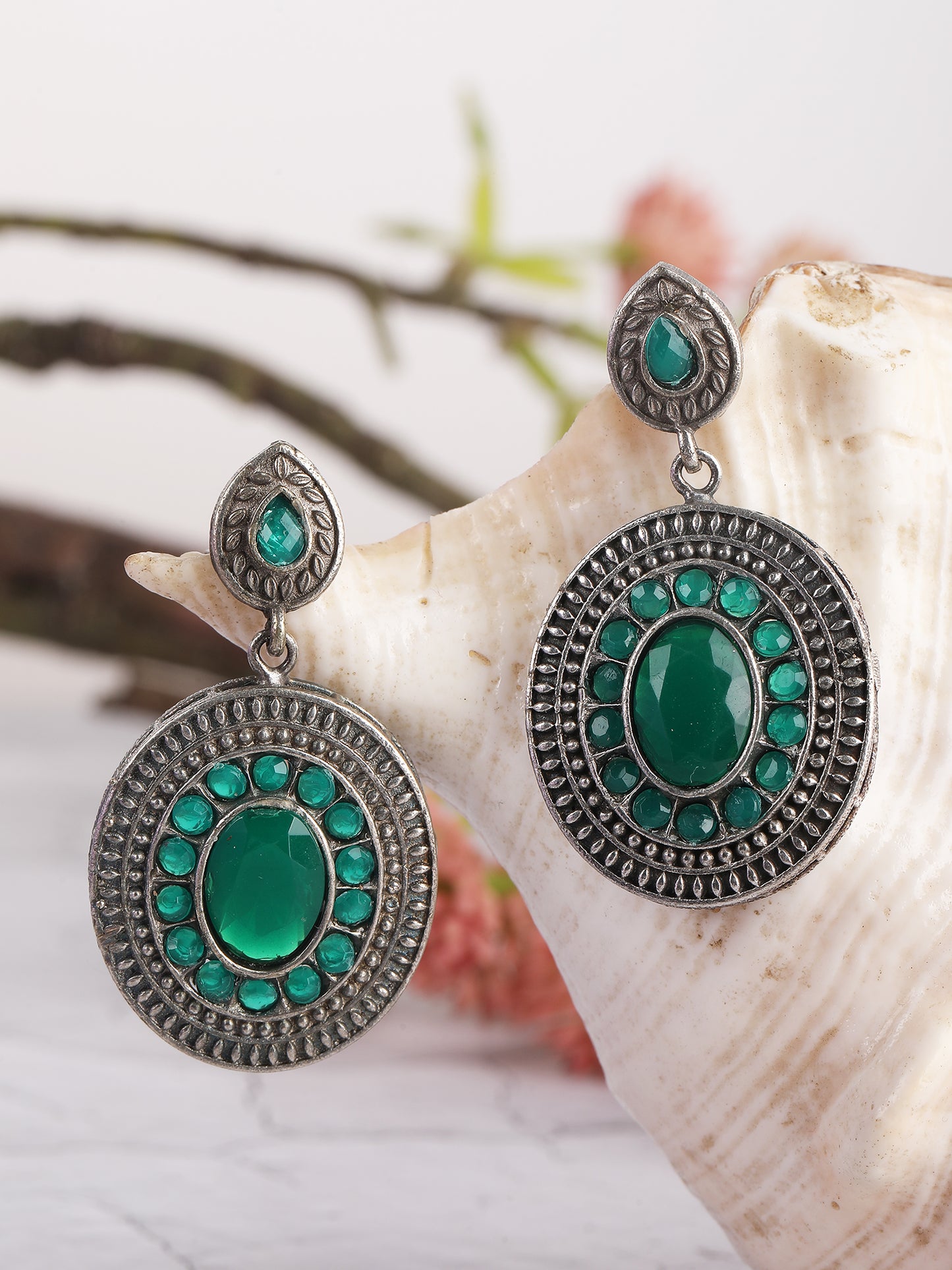 Classic Oxidised Earrings with Green Stone Embellishments