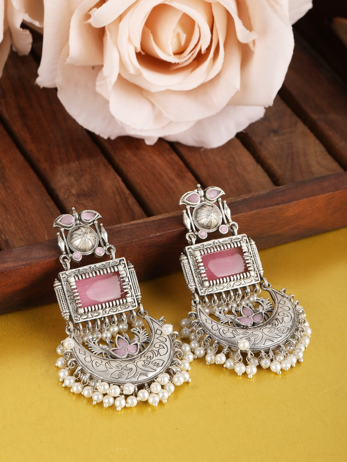 Classic Oxidised Pink Chandbali Earrings with Pearl Drops