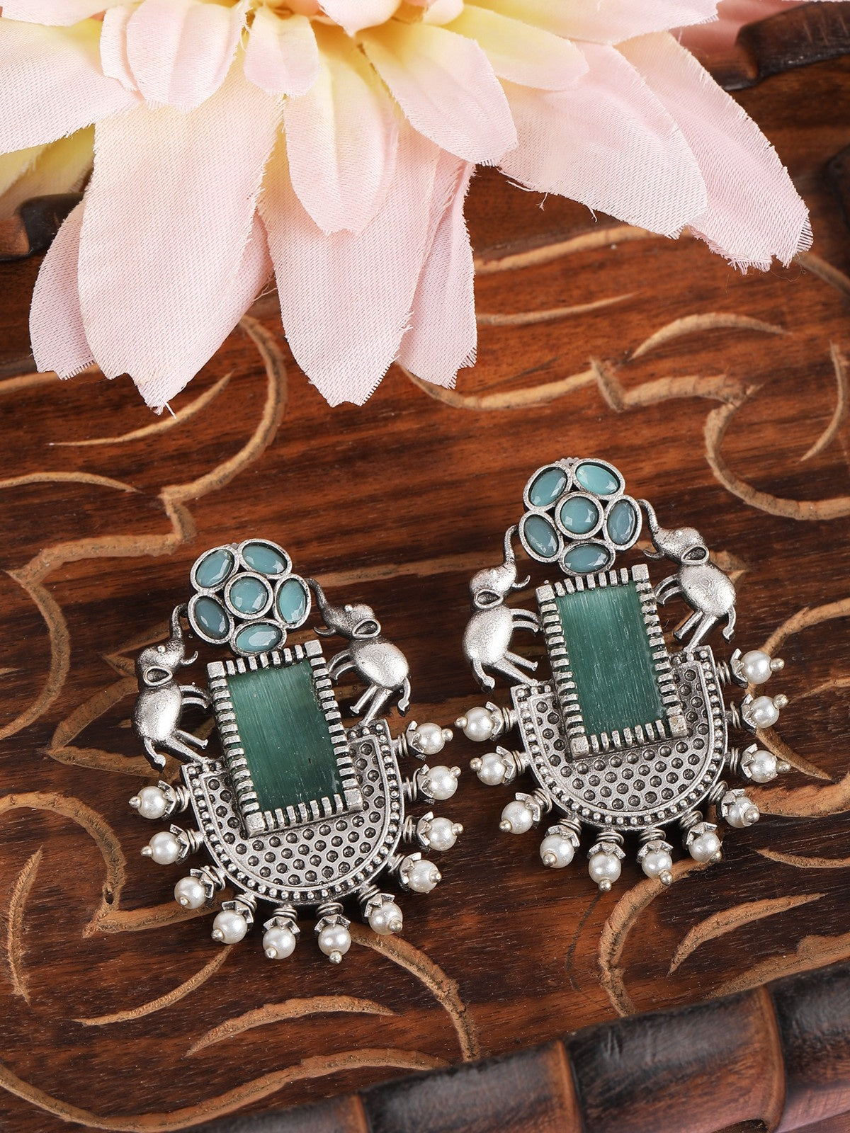 Elegant Oxidized Silver Green Earrings for Women