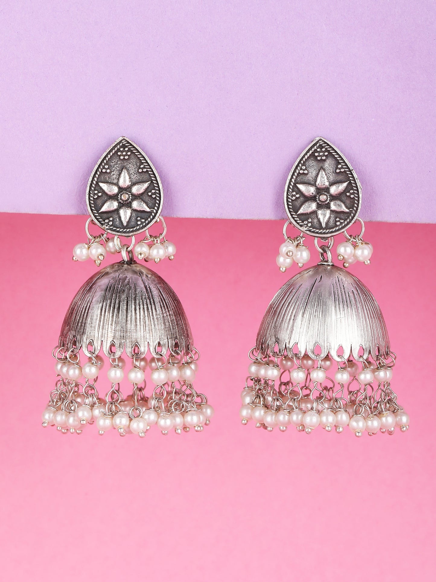 Buy Silver Jhumka Earrings with Pearl Detailing