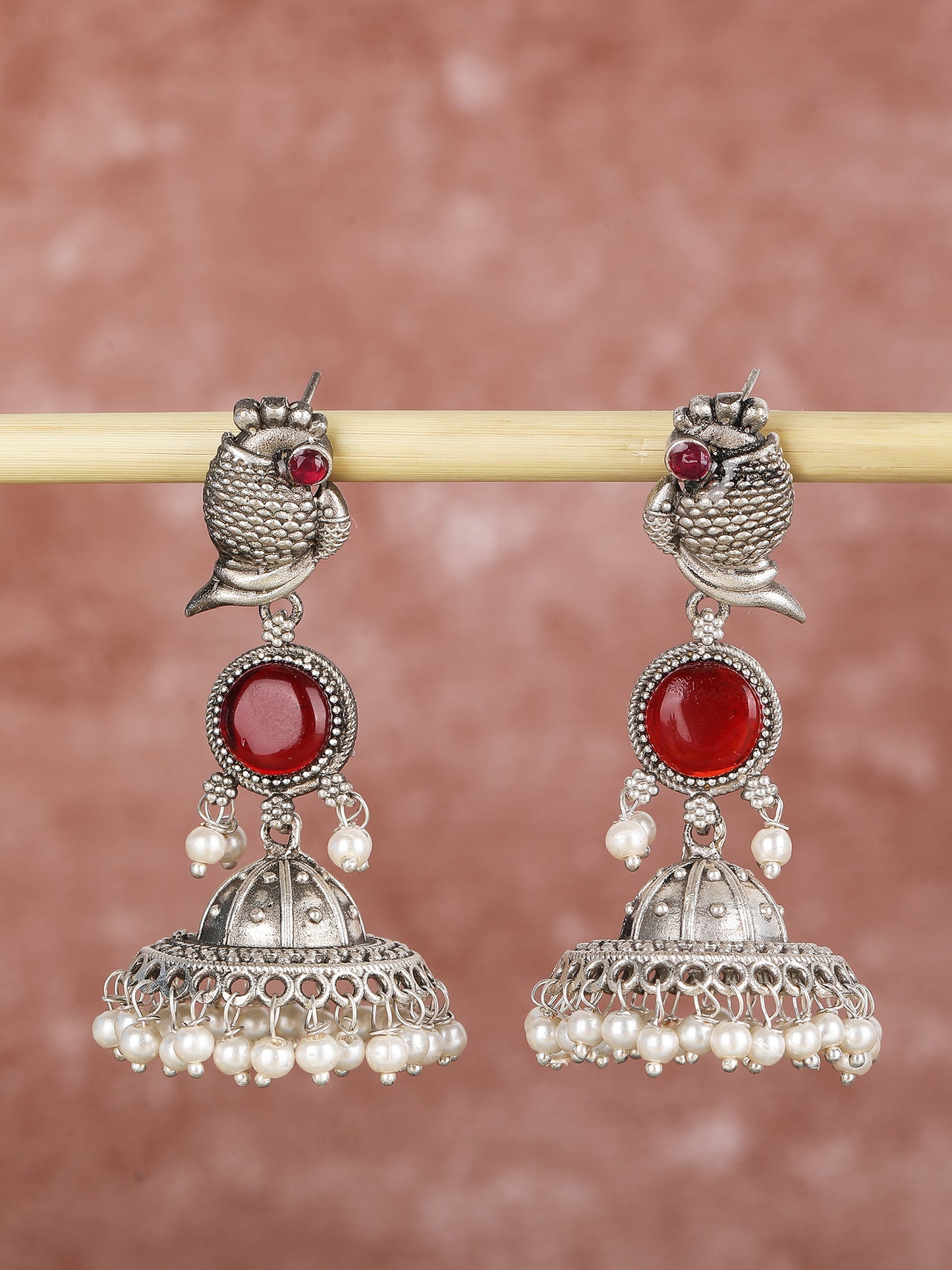 Classic Oxidised Red Jhumka Earrings with Pearl Drops