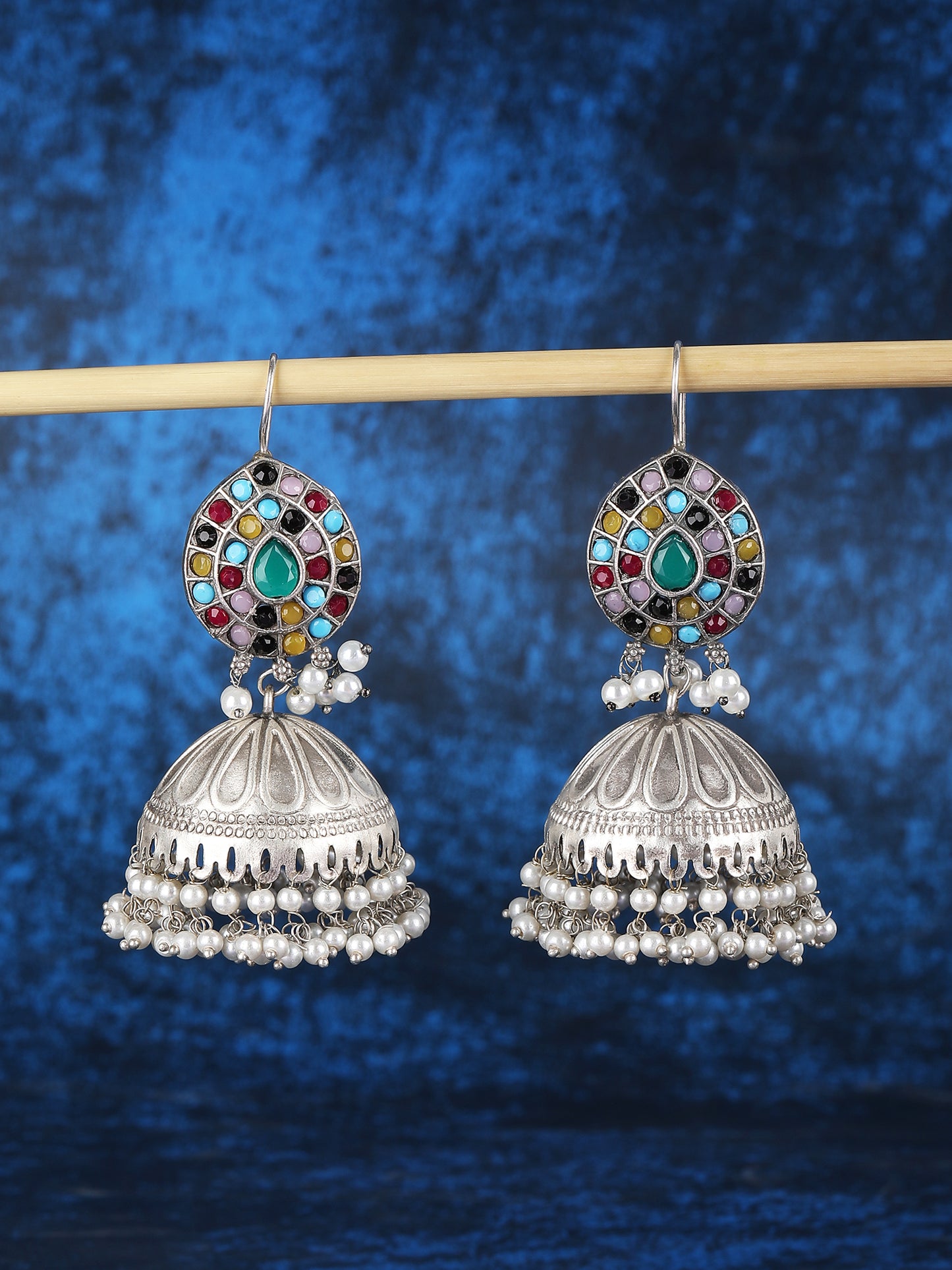 Oxidised Multi-Colour Jhumka Earrings with Pearl Drops