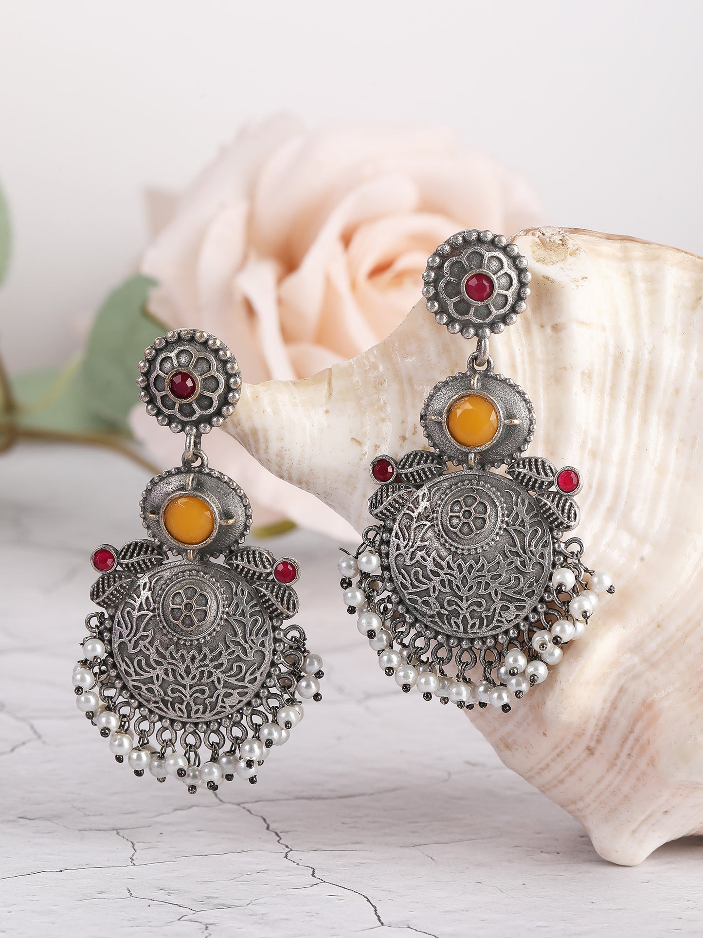 Elegant Oxidized Silver Earrings with Red & Yellow Stones