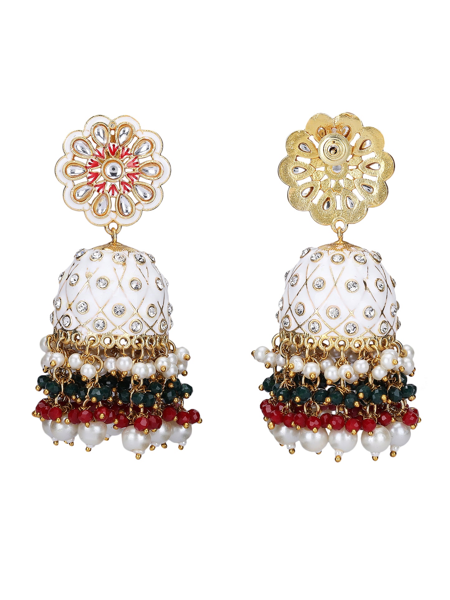 Gold-Plated Kundan Studded & Beads Beaded Contemporary Jhumkas