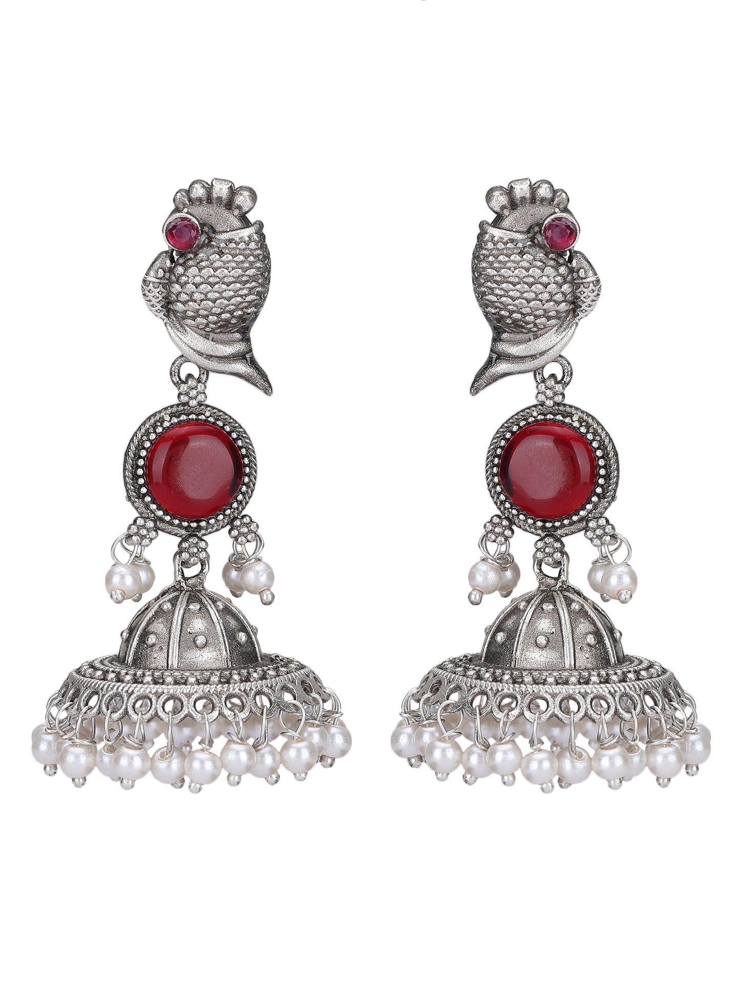 Classic Oxidised Red Jhumka Earrings with Pearl Drops