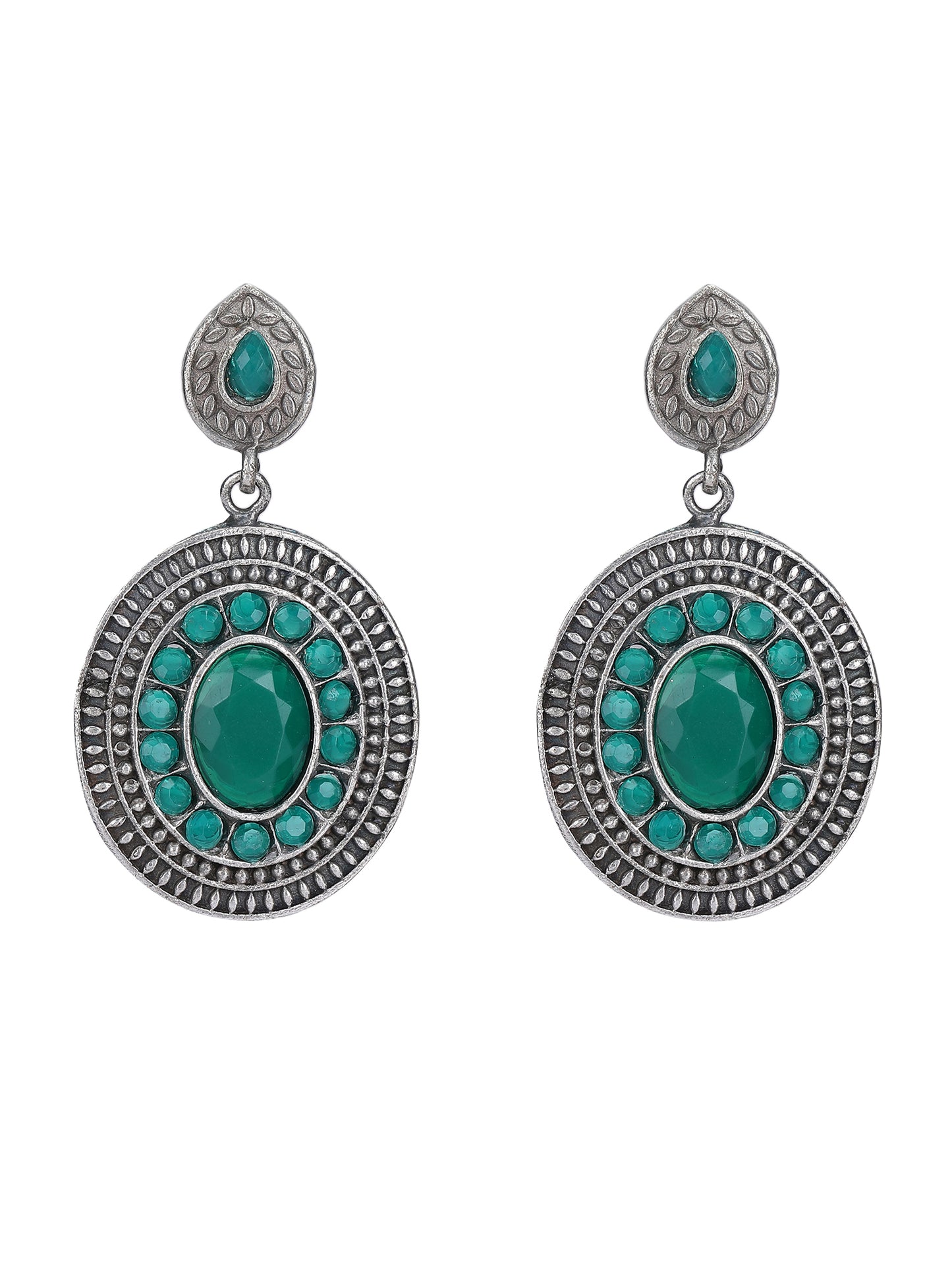 Classic Oxidised Earrings with Green Stone Embellishments