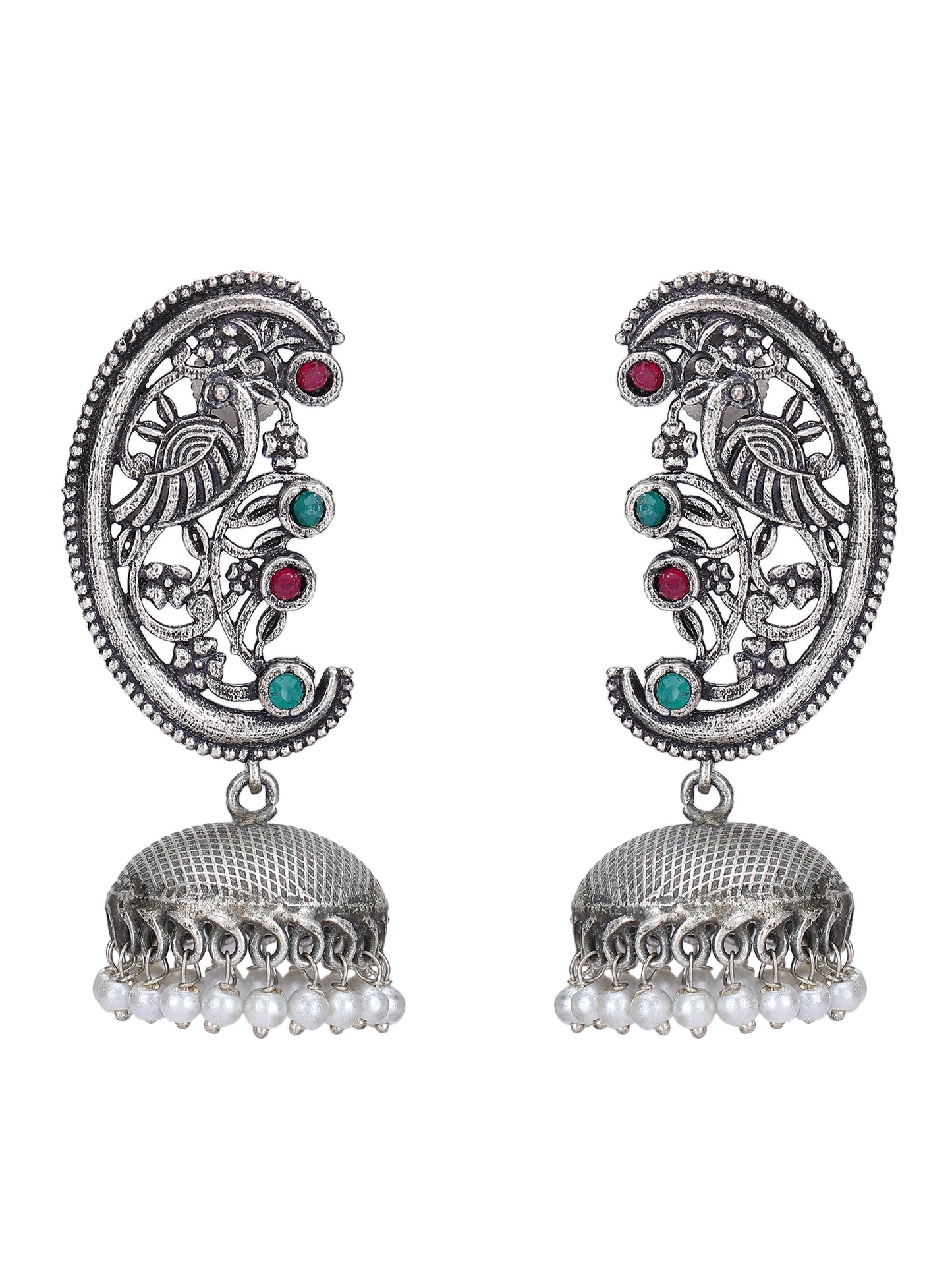 Classic Oxidized Silver Jhumka Earrings with Green & Red Stones