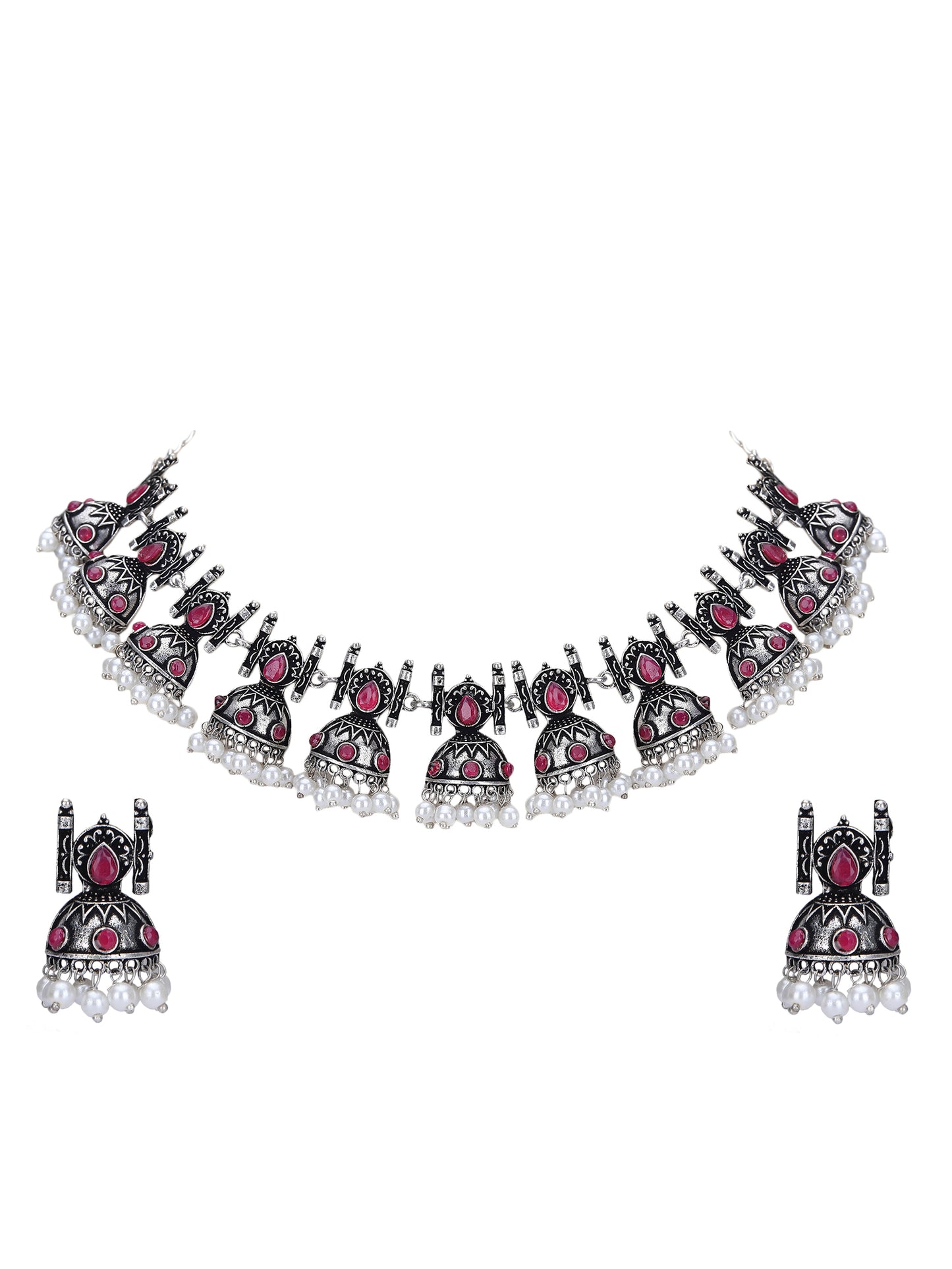 Oxidised Pink and Grey Necklace Set – Traditional Jhumka Design