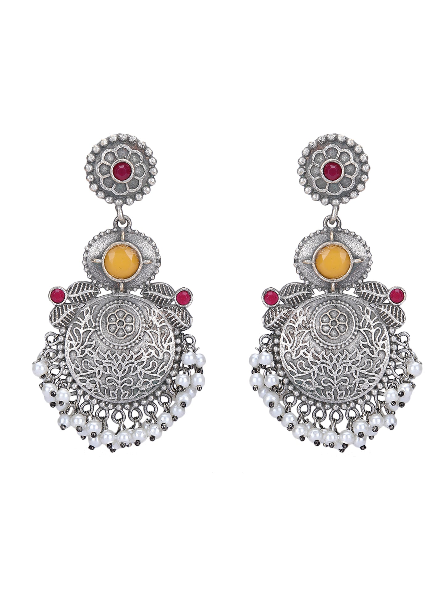 Elegant Oxidized Silver Earrings with Red & Yellow Stones