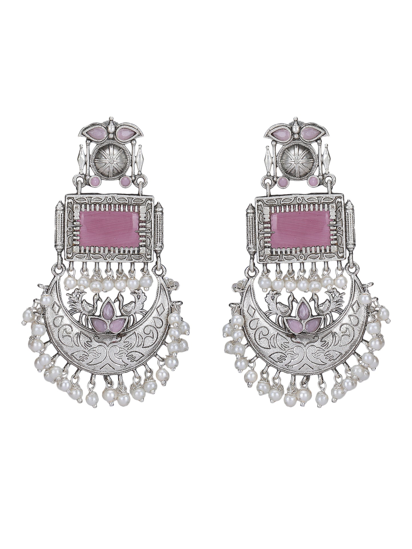 Classic Oxidised Pink Chandbali Earrings with Pearl Drops