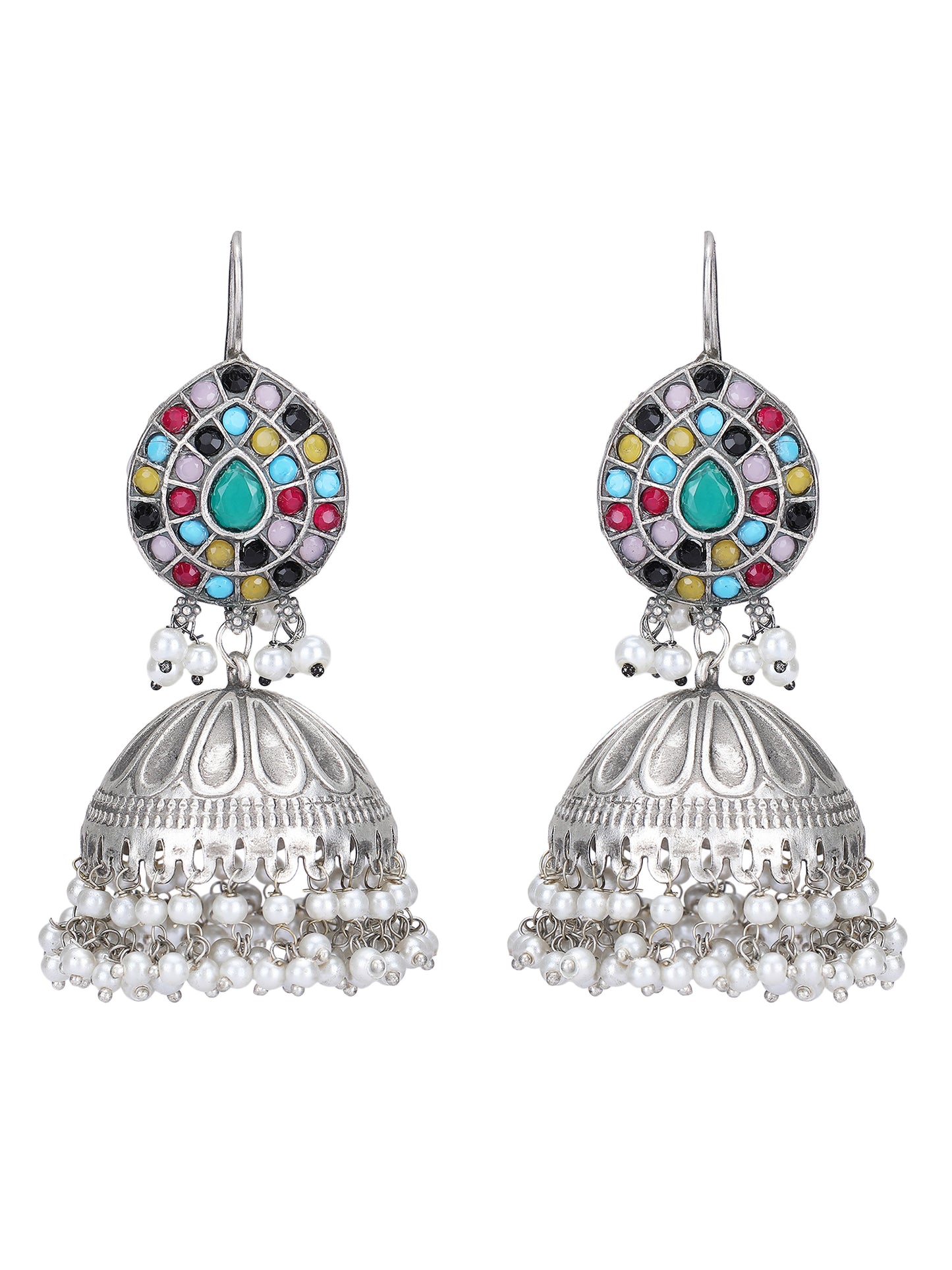 Oxidised Multi-Colour Jhumka Earrings with Pearl Drops