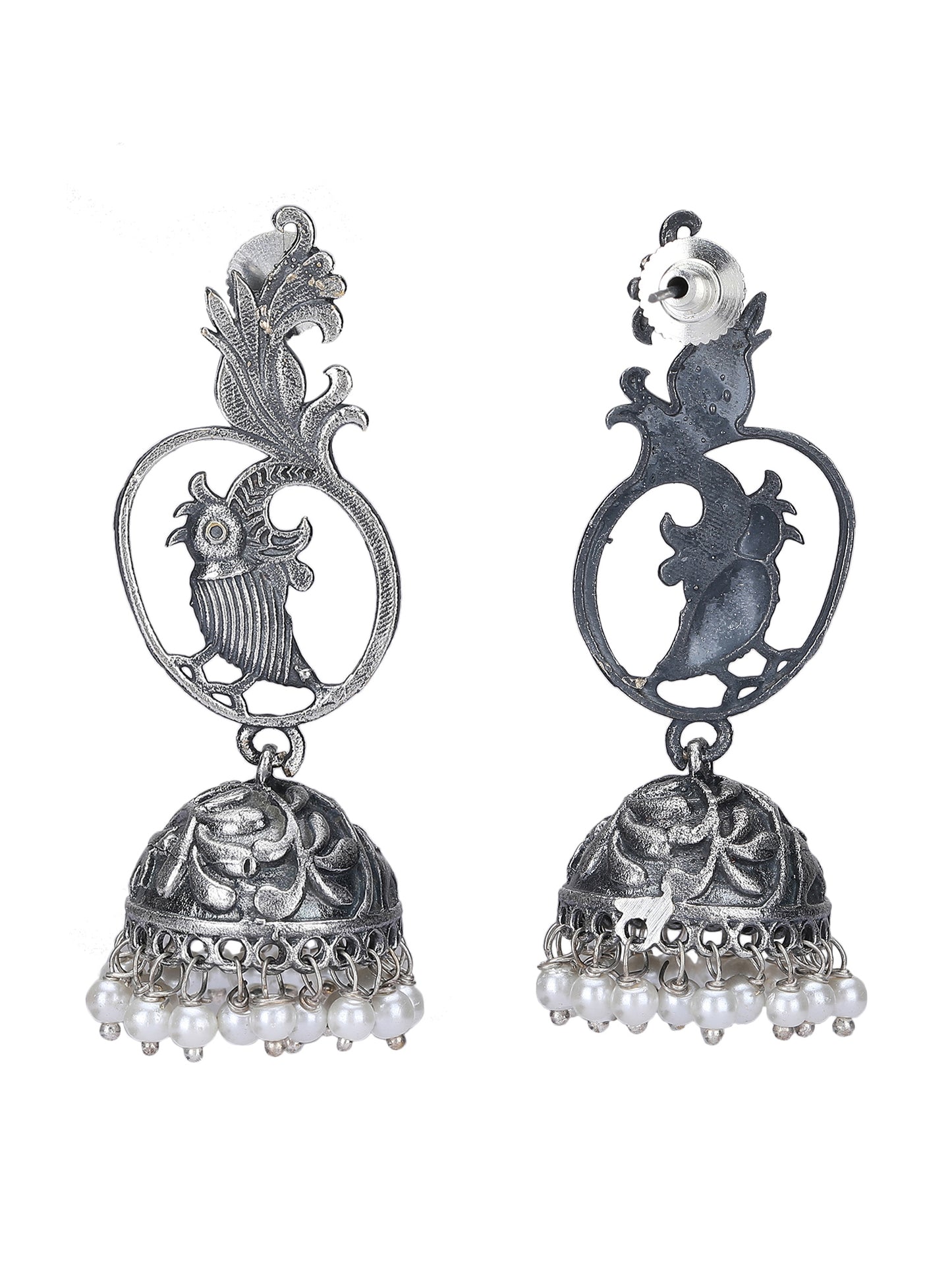 Silver Jhumka Earrings with Peacock Design