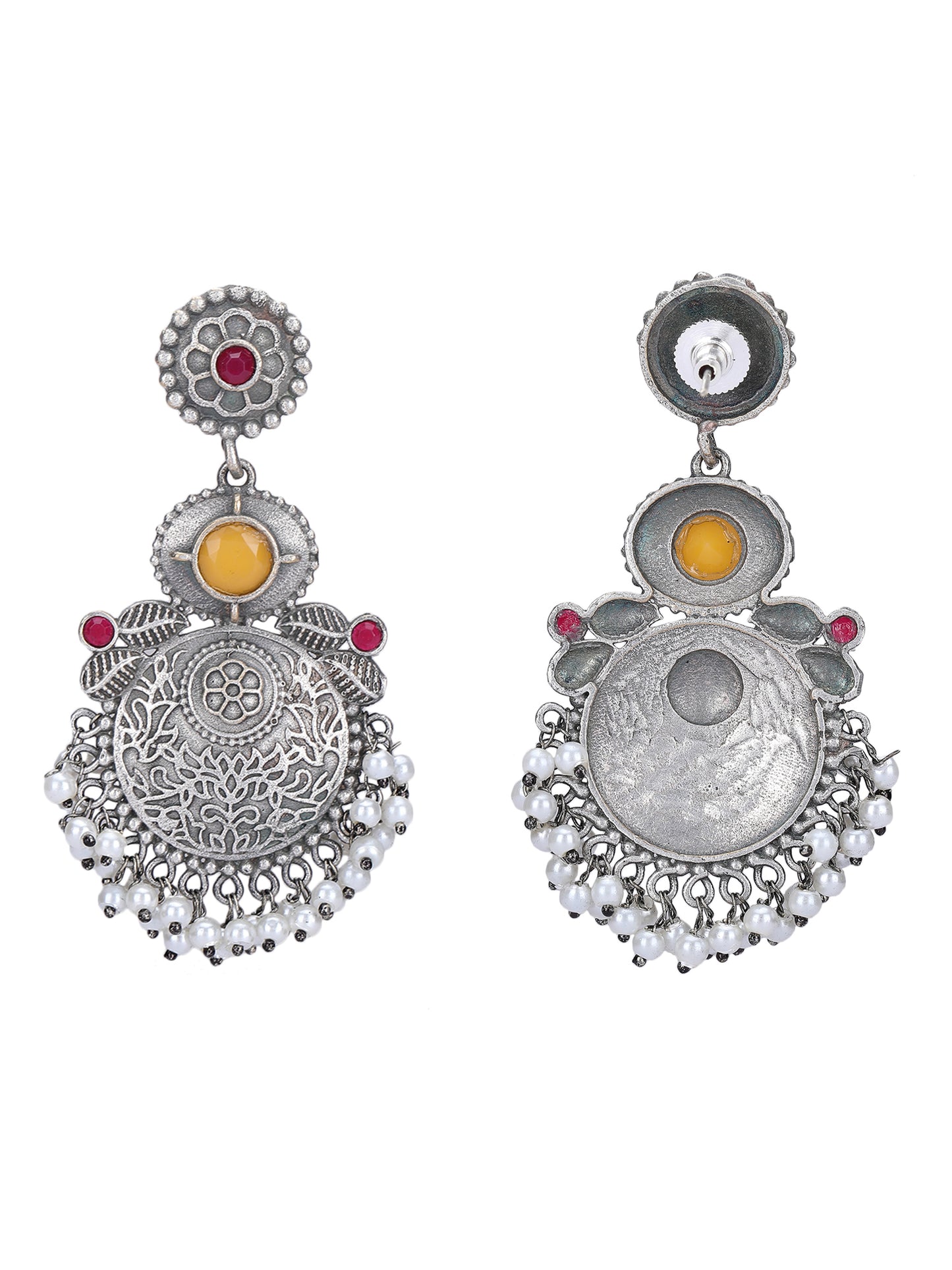 Elegant Oxidized Silver Earrings with Red & Yellow Stones