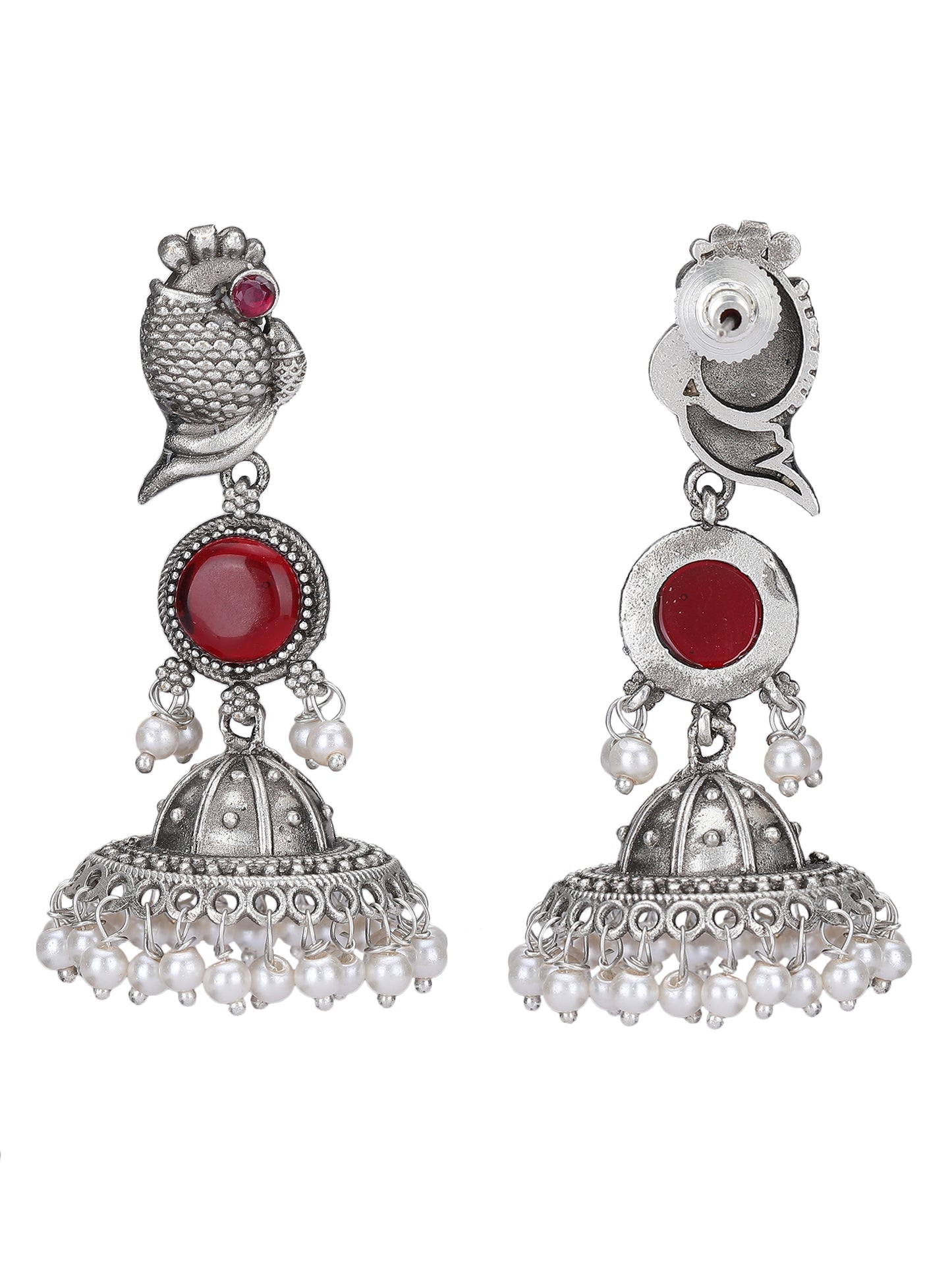 Classic Oxidised Red Jhumka Earrings with Pearl Drops