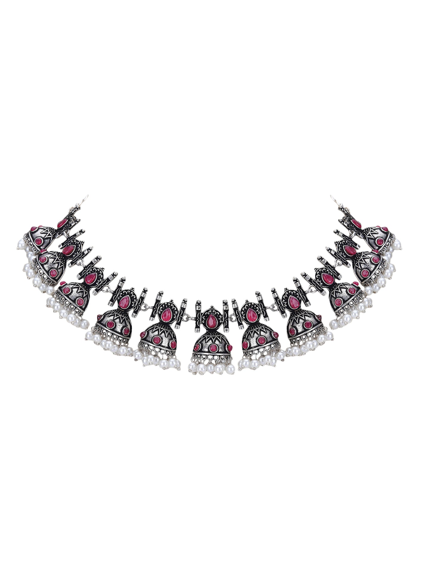 Oxidised Pink and Grey Necklace Set – Traditional Jhumka Design
