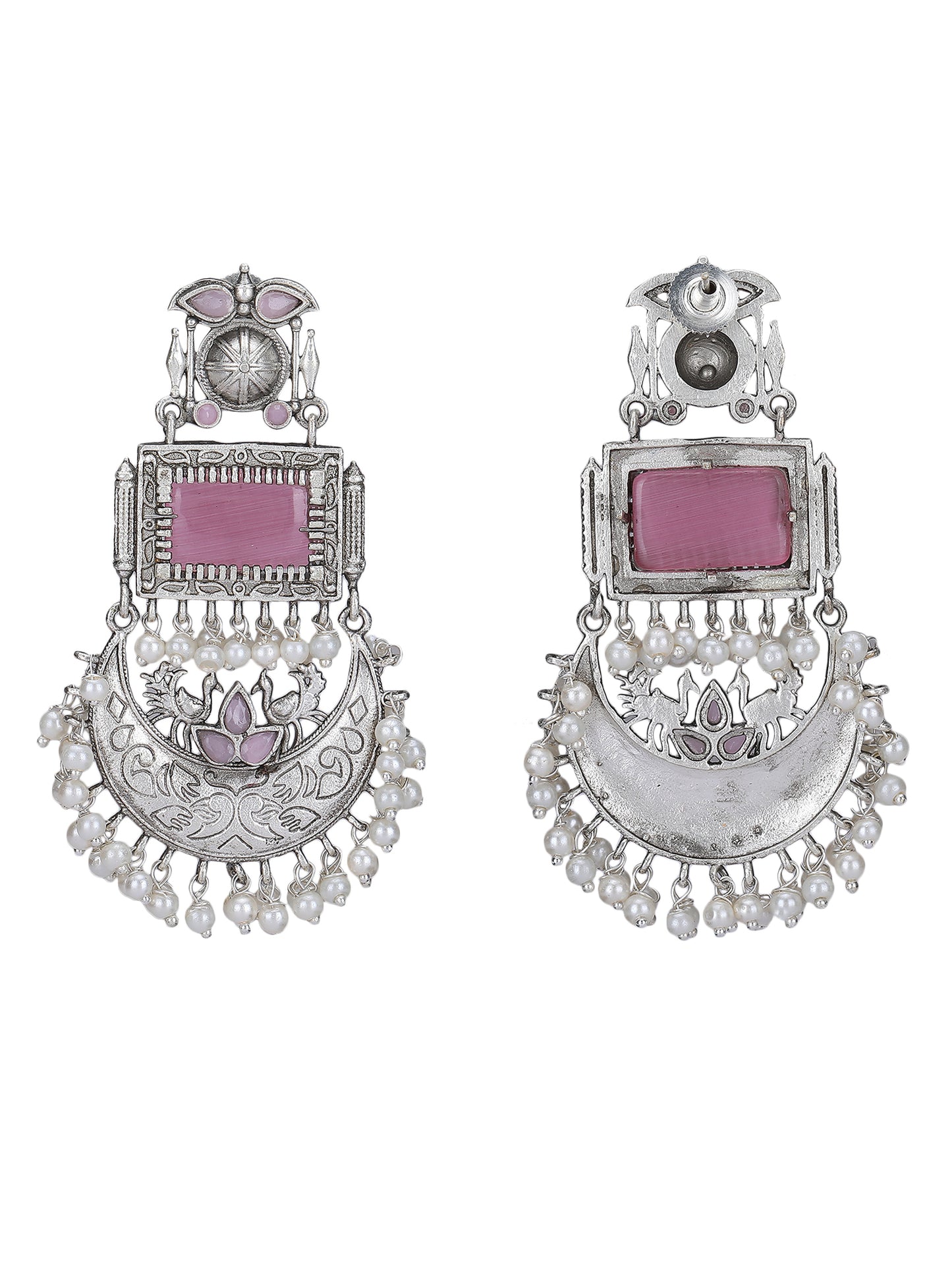 Classic Oxidised Pink Chandbali Earrings with Pearl Drops