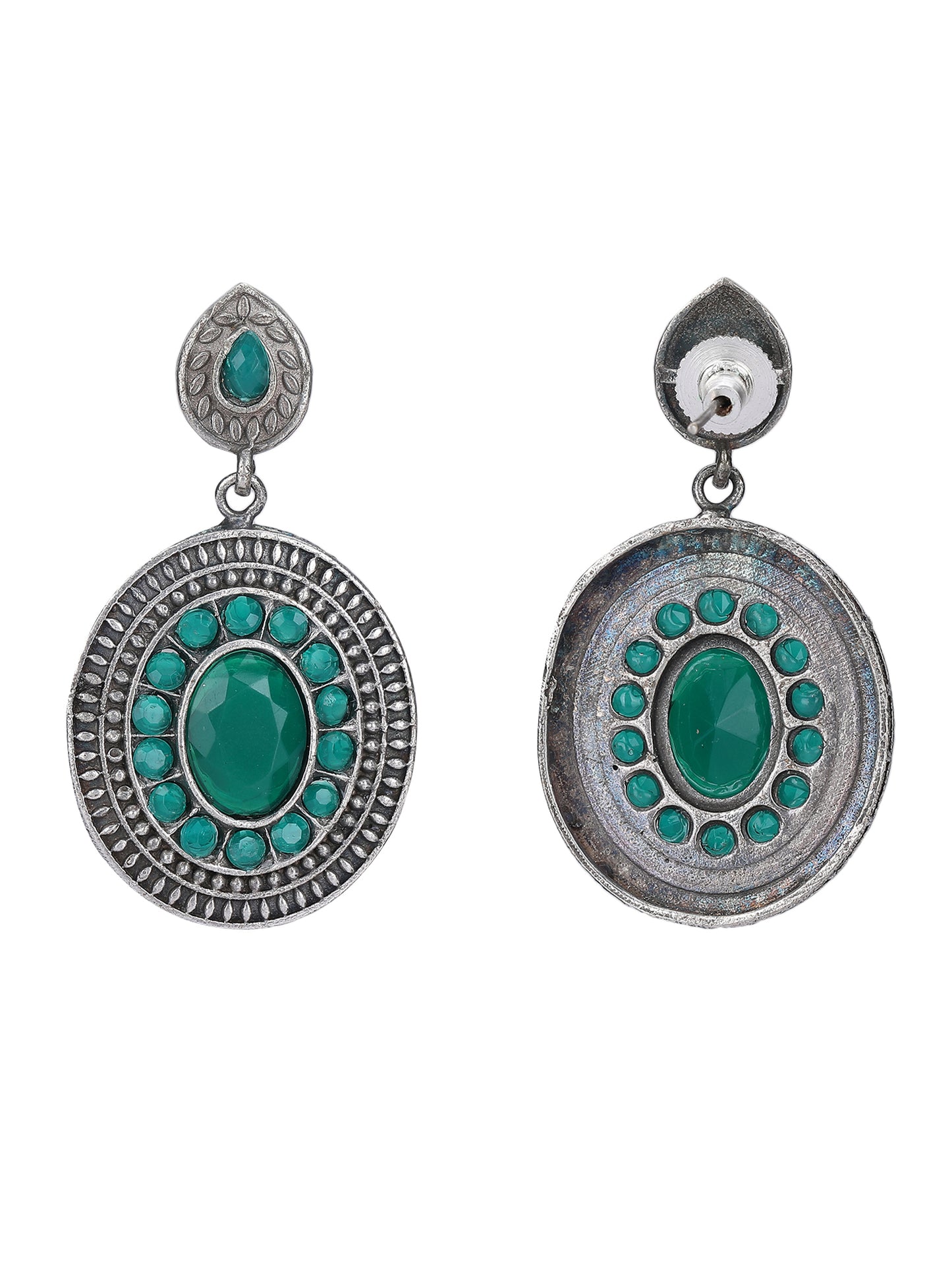 Classic Oxidised Earrings with Green Stone Embellishments