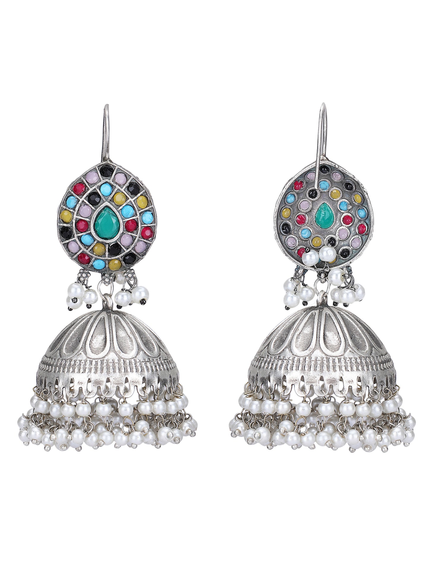 Oxidised Multi-Colour Jhumka Earrings with Pearl Drops