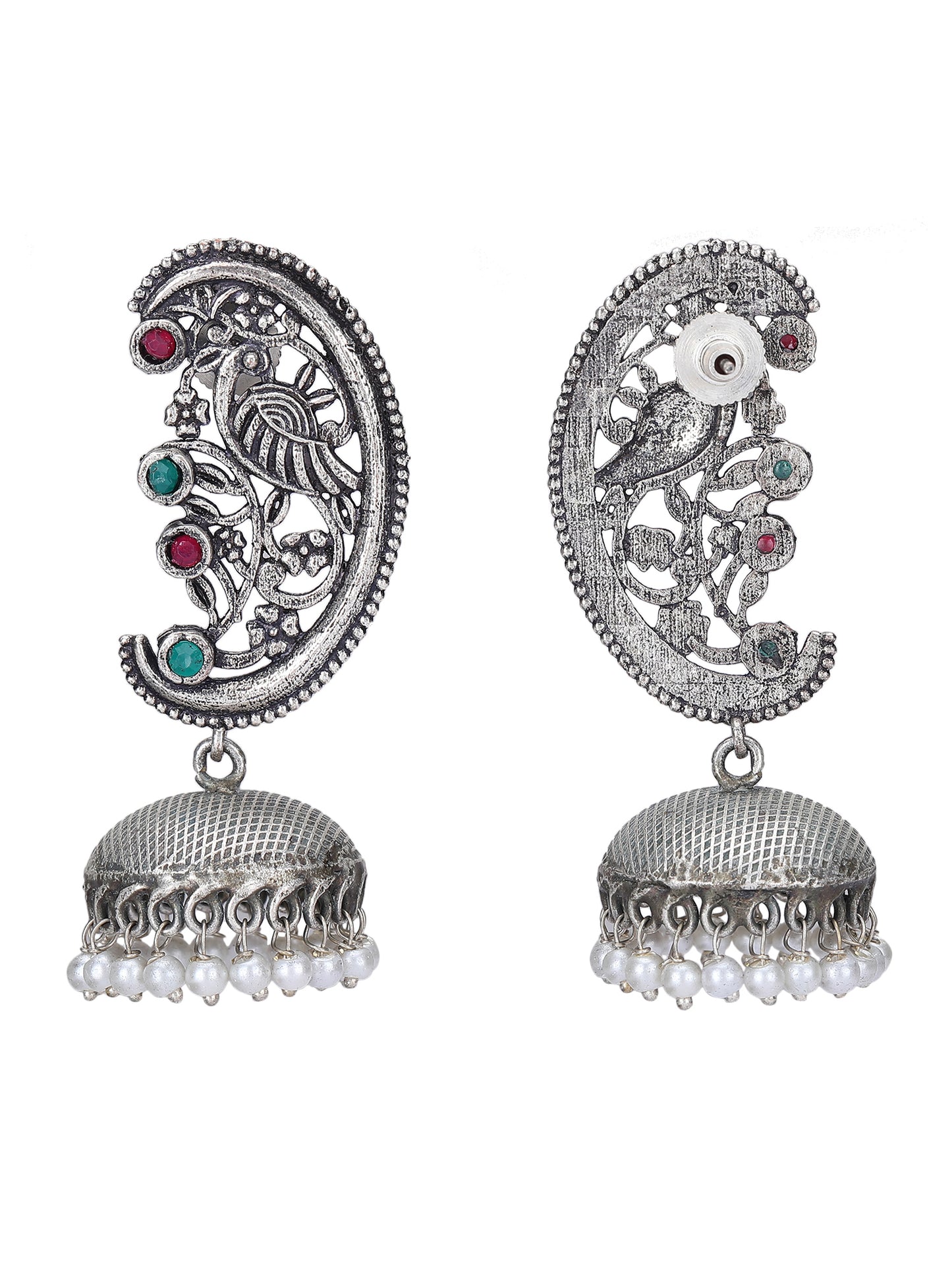 Classic Oxidized Silver Jhumka Earrings with Green & Red Stones