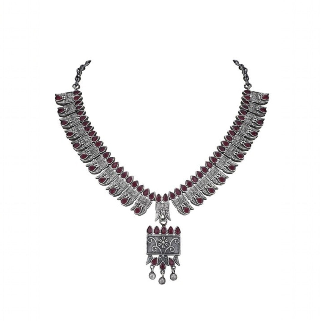 Tribal Oxidized Silver-Plated Necklace Set Featuring Red Stone Embellishments and Dangling Drop Earrings