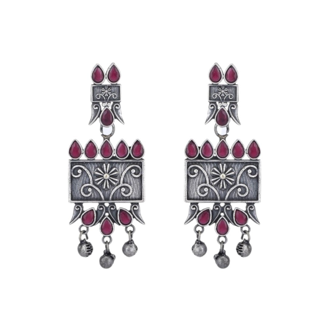 Tribal Oxidized Silver-Plated Necklace Set Featuring Red Stone Embellishments and Dangling Drop Earrings