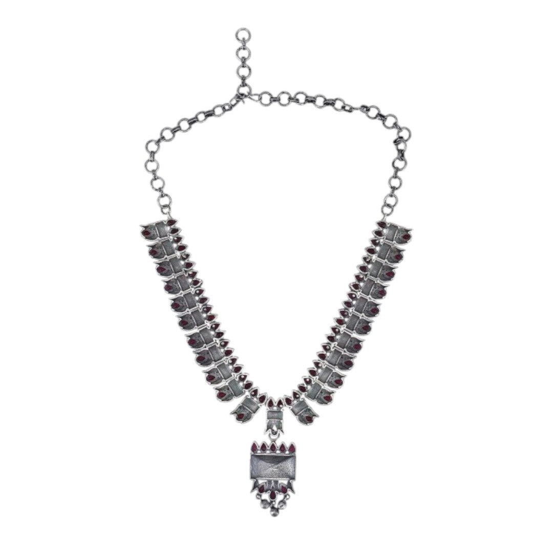 Tribal Oxidized Silver-Plated Necklace Set Featuring Red Stone Embellishments and Dangling Drop Earrings