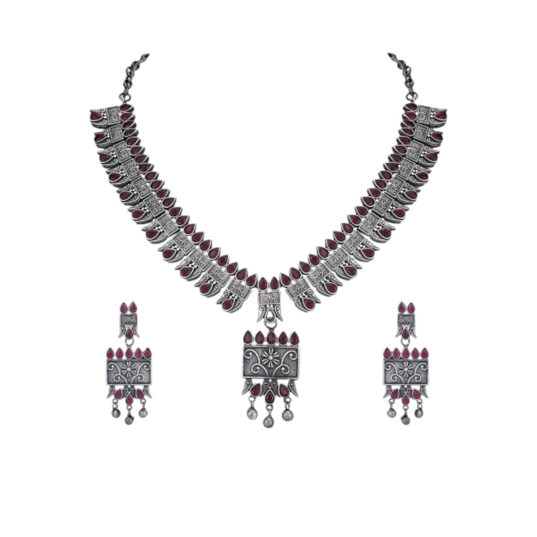 Tribal Oxidized Silver-Plated Necklace Set Featuring Red Stone Embellishments and Dangling Drop Earrings