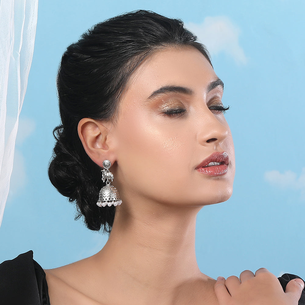 Oxidized Silver Jhumka Earrings with Pearl Drops