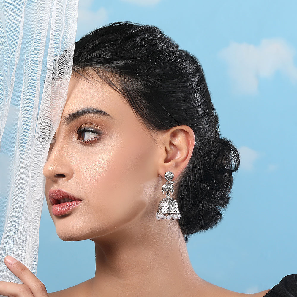 Oxidized Silver Jhumka Earrings with Pearl Drops