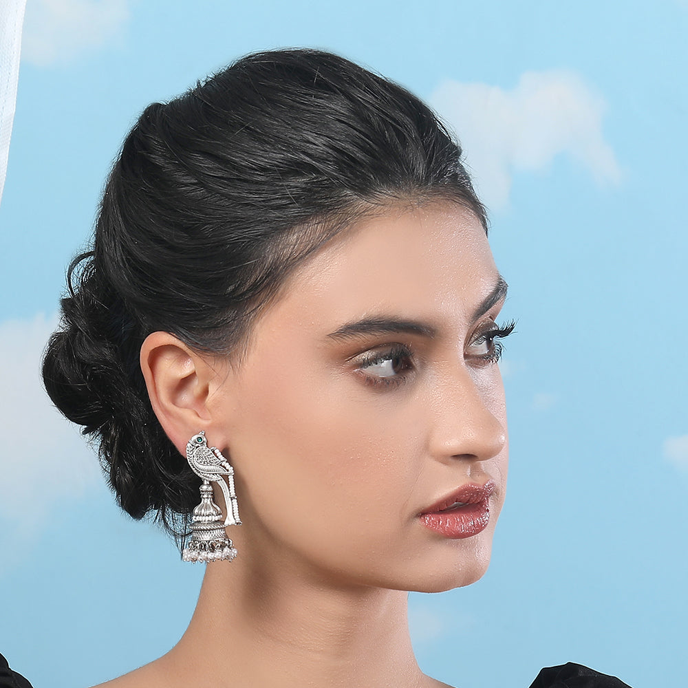Oxidized Silver Jhumka Earrings Parrot Design