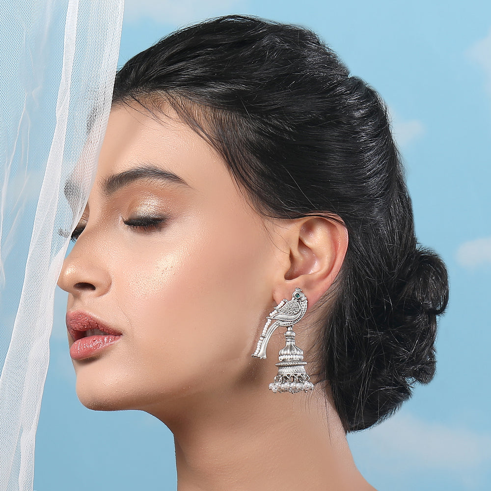 Oxidized Silver Jhumka Earrings Parrot Design