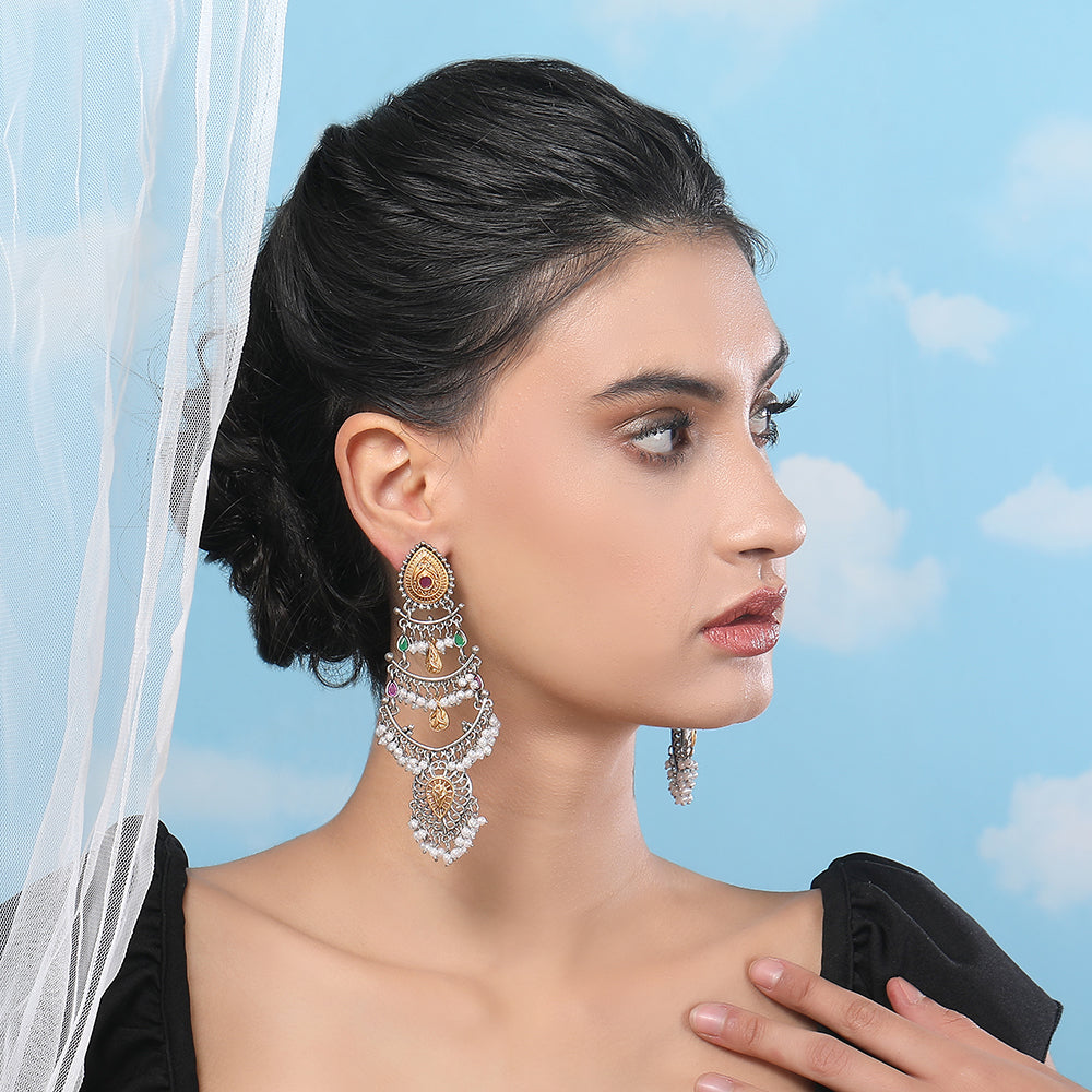 Oxidized Silver Multi-Tiered Chandelier Earrings