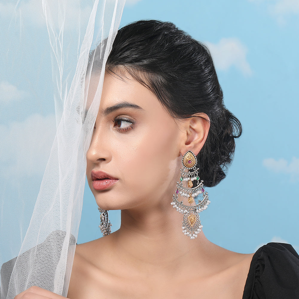 Oxidized Silver Multi-Tiered Chandelier Earrings