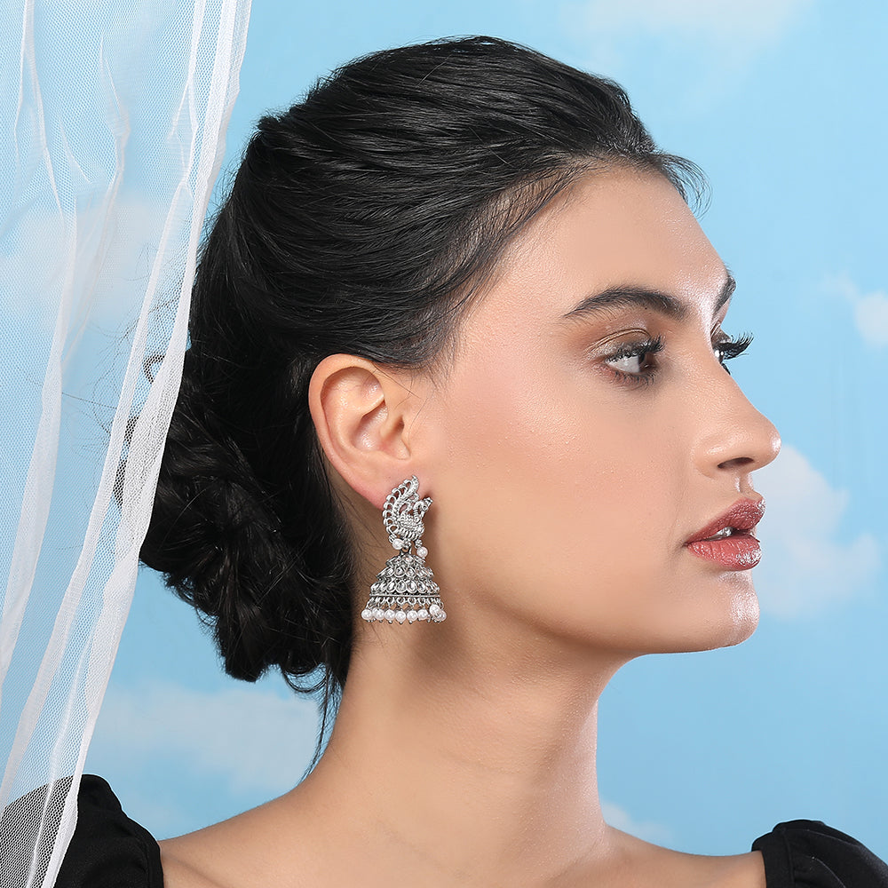 Oxidized Silver Kundan & Pearl Drops Earrings