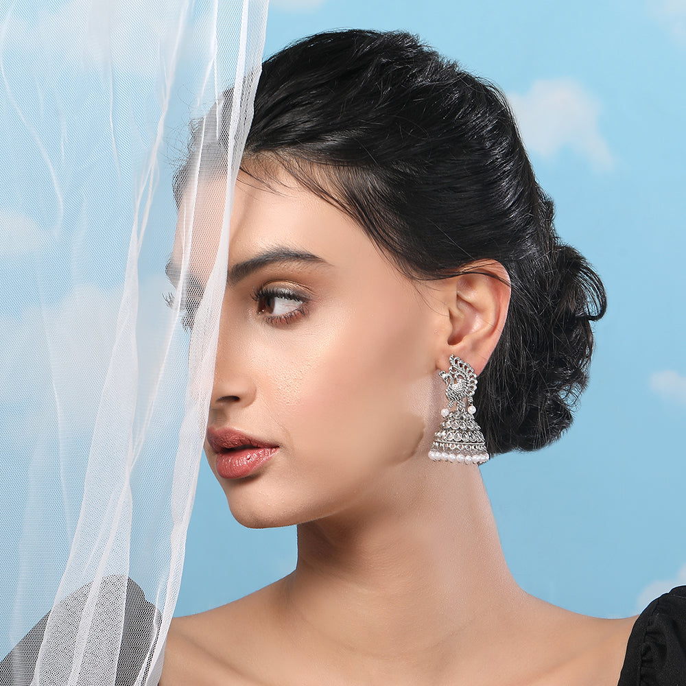 Oxidized Silver Kundan & Pearl Drops Earrings