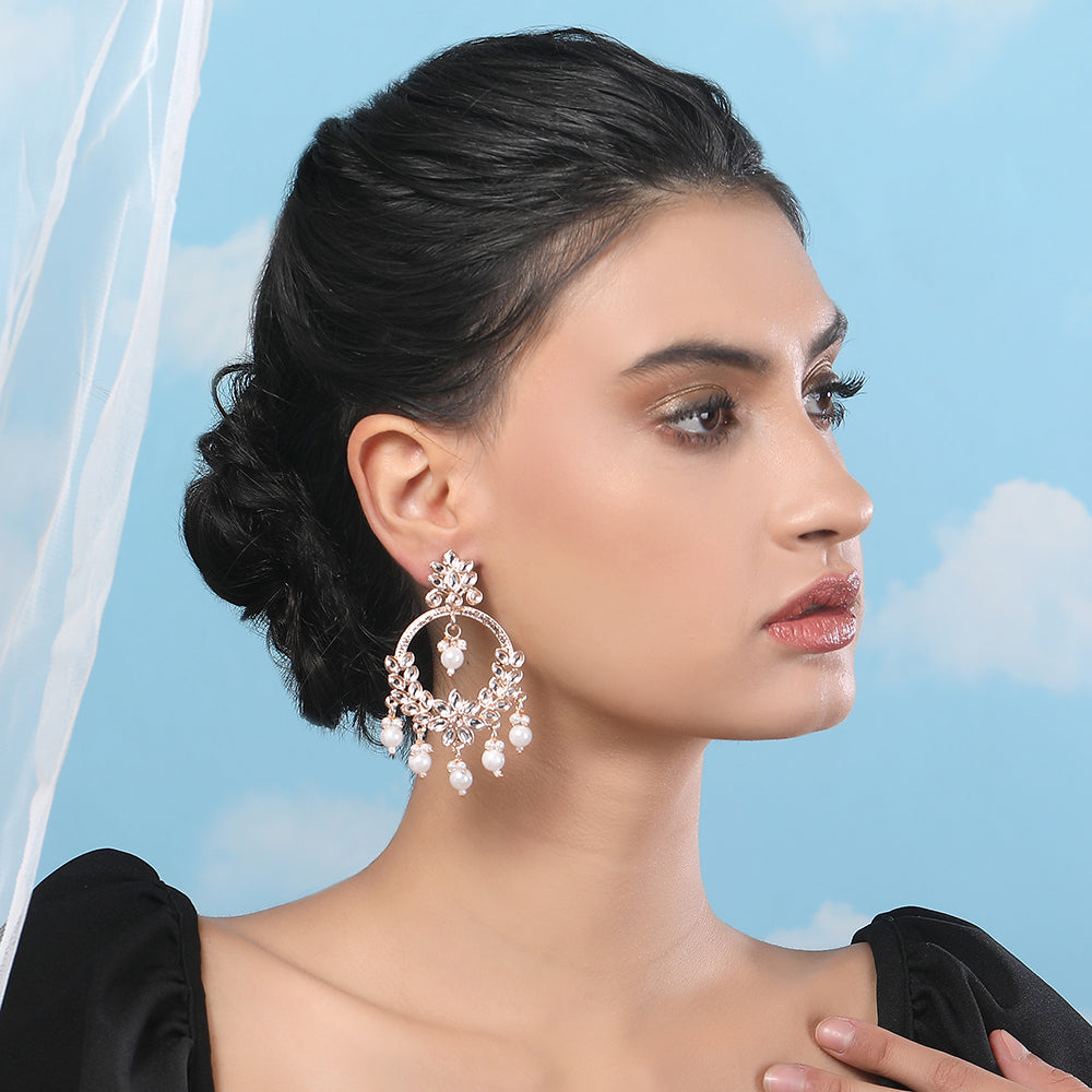 Rose Gold Kundan Chandbali Earrings with Pearl Drops