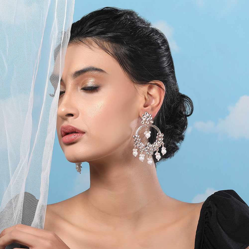 Rose Gold Kundan Chandbali Earrings with Pearl Drops