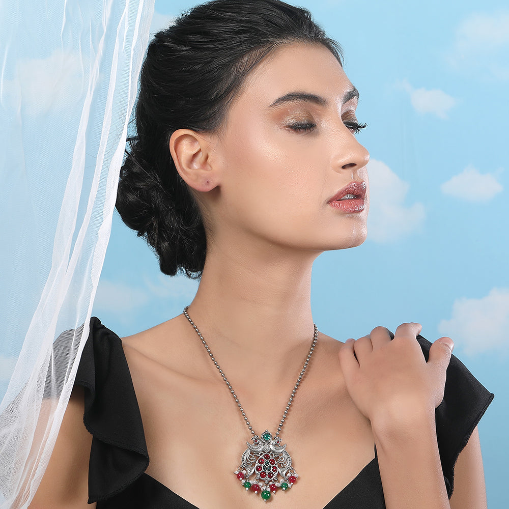 Antique Silver Dual-Peacock Pendant Necklace