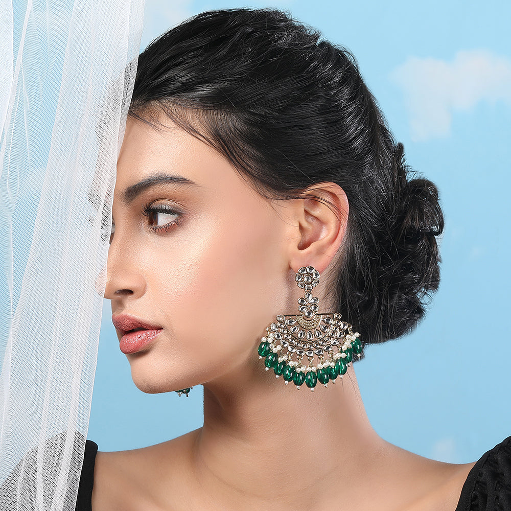 Royal Kundan & Green Beaded Chandbali Earrings