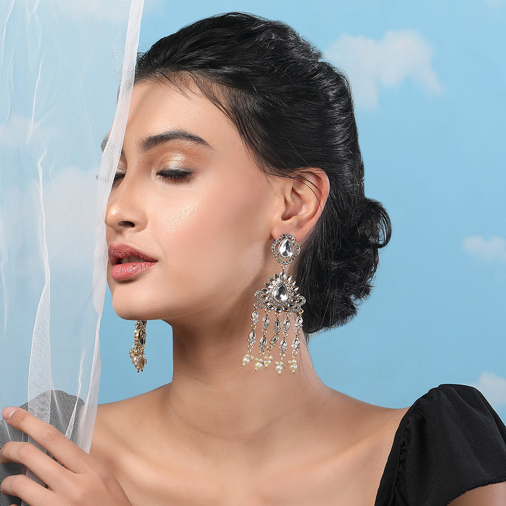 Pear-Shaped Kundan & Pearl Drop Chandelier Earrings