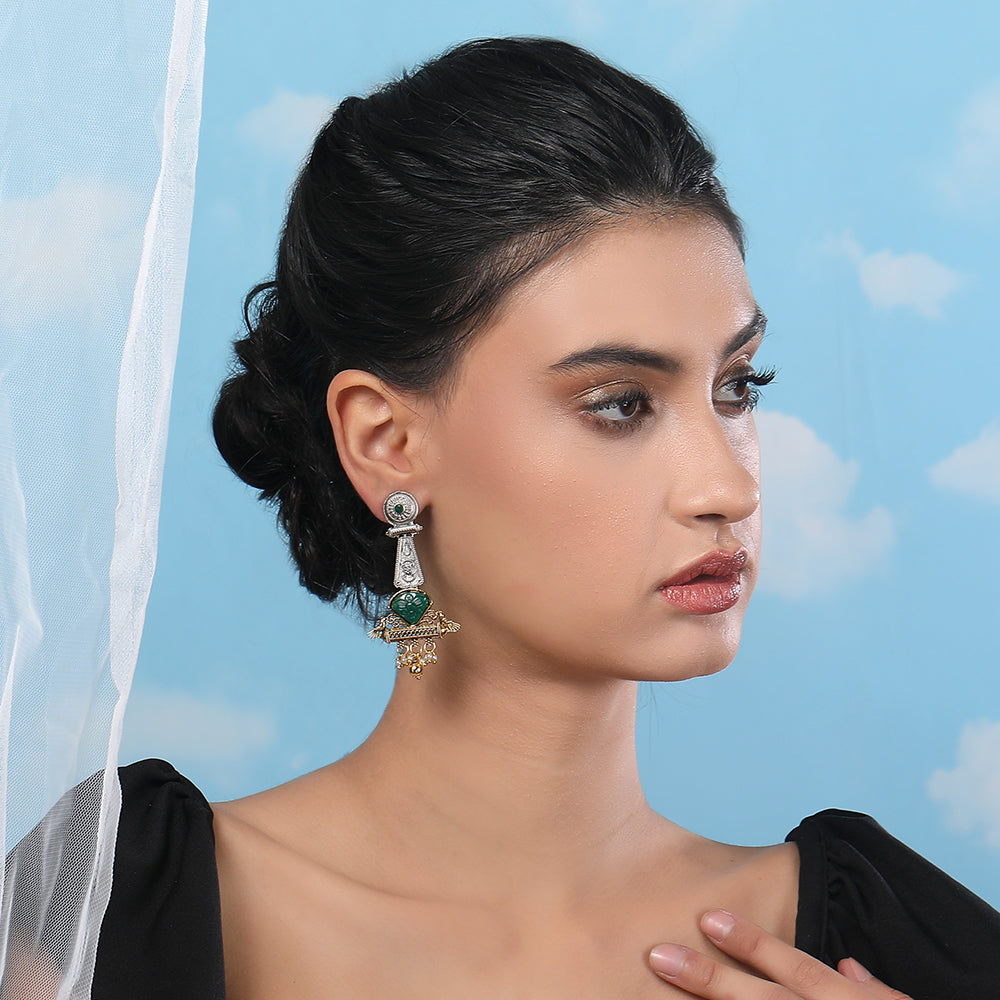 Antique Dual-Tone Tribal Earrings with Green Stone