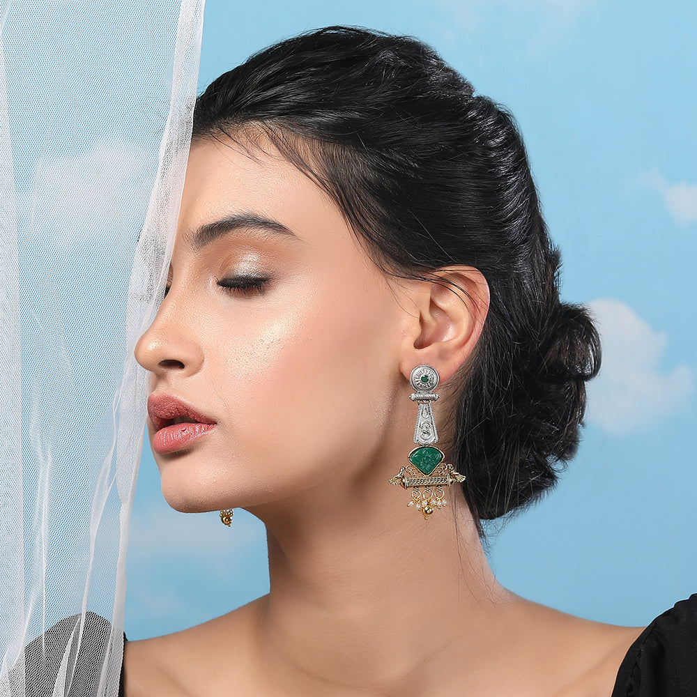 Antique Dual-Tone Tribal Earrings with Green Stone